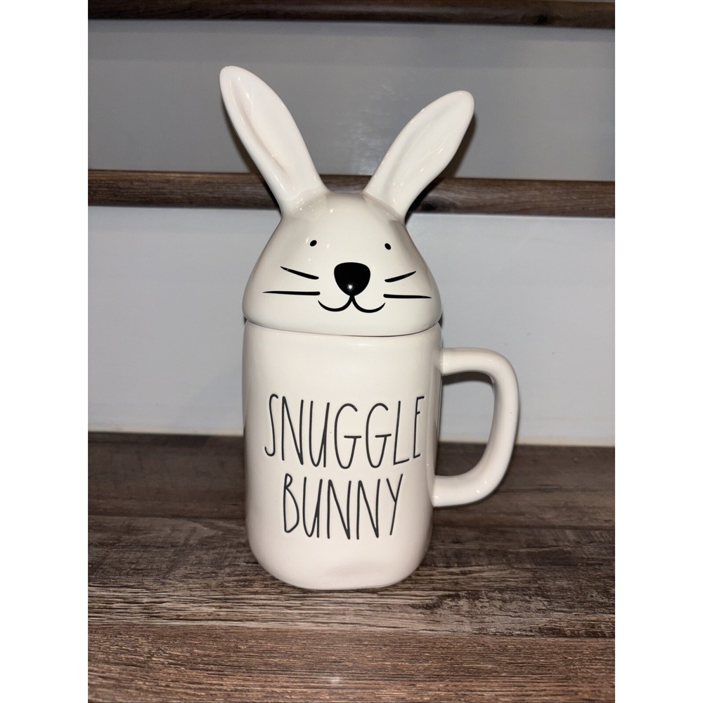 Rae Dunn Snuggle Bunny Ceramic Mug Bunny Ears Topper 9" Tall